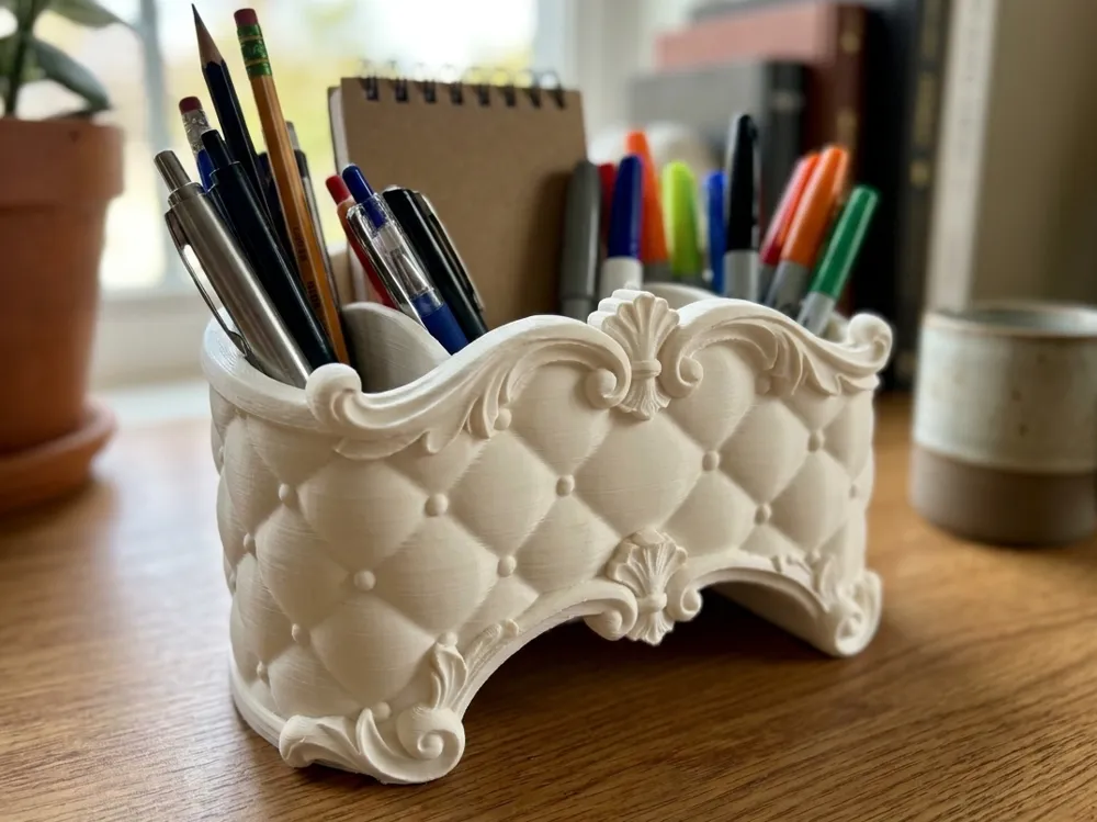 Baroque Tufted Stationery Desk Caddy — example colour. Includes: One finished item supplied; display accessories are excluded. Approximate dimensions (Width × Depth × Height): 1 supplied: 190.5 × 115.6 × 109.1 mm.