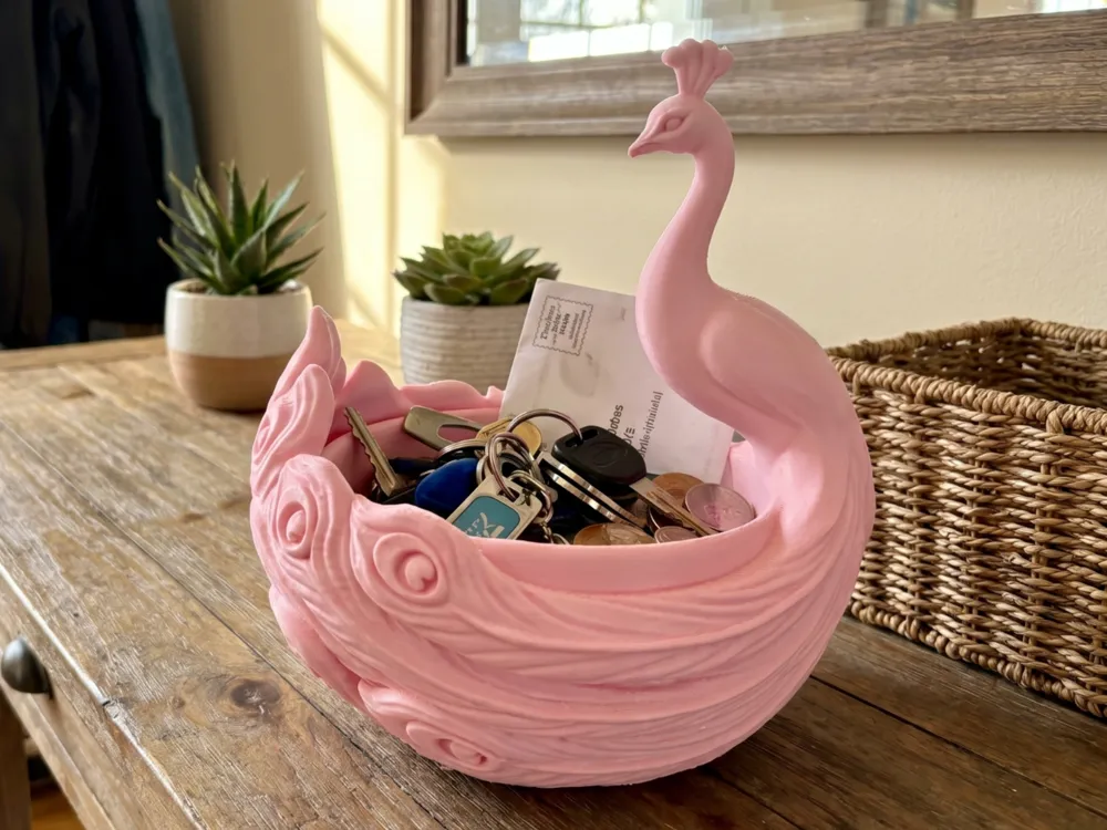 Peacock Feather Catchall Bowl — example colour. Includes: One finished item supplied; display accessories are excluded. Approximate dimensions (Width × Depth × Height): 1 supplied: 171.2 × 165.1 × 190.5 mm.