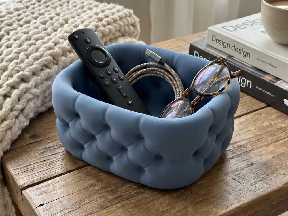 Pillow-Style Tufted Organiser Bowl — example colour. Includes: One finished item supplied; display accessories are excluded. Approximate dimensions (Width × Depth × Height): 1 supplied: 228.6 × 195.1 × 108.5 mm.