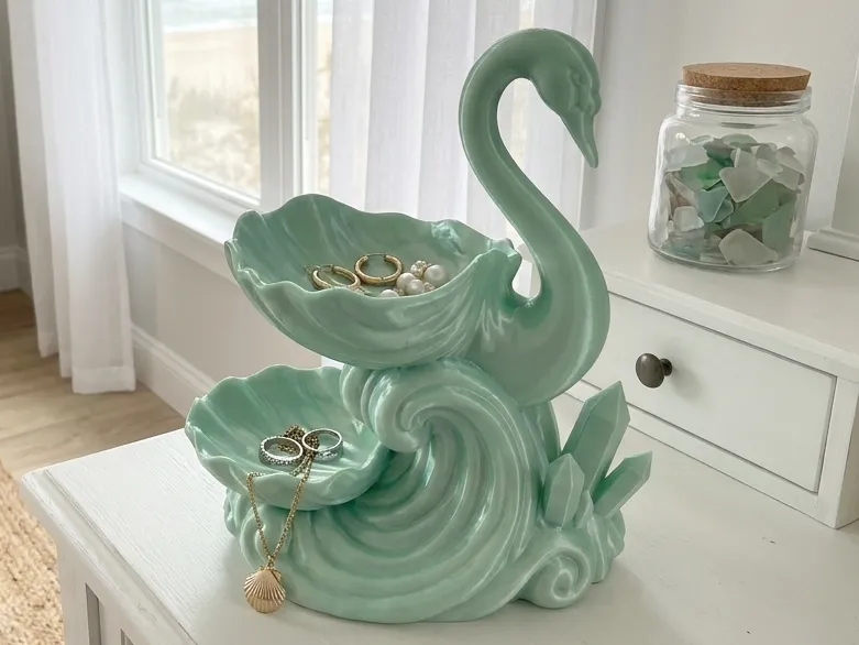 Swan & Seashell Two-Tier Jewellery Tray — example colour. Includes: One finished item supplied; display accessories are excluded. Approximate dimensions (Width × Depth × Height): 1 supplied: 158.4 × 113.6 × 177.8 mm.