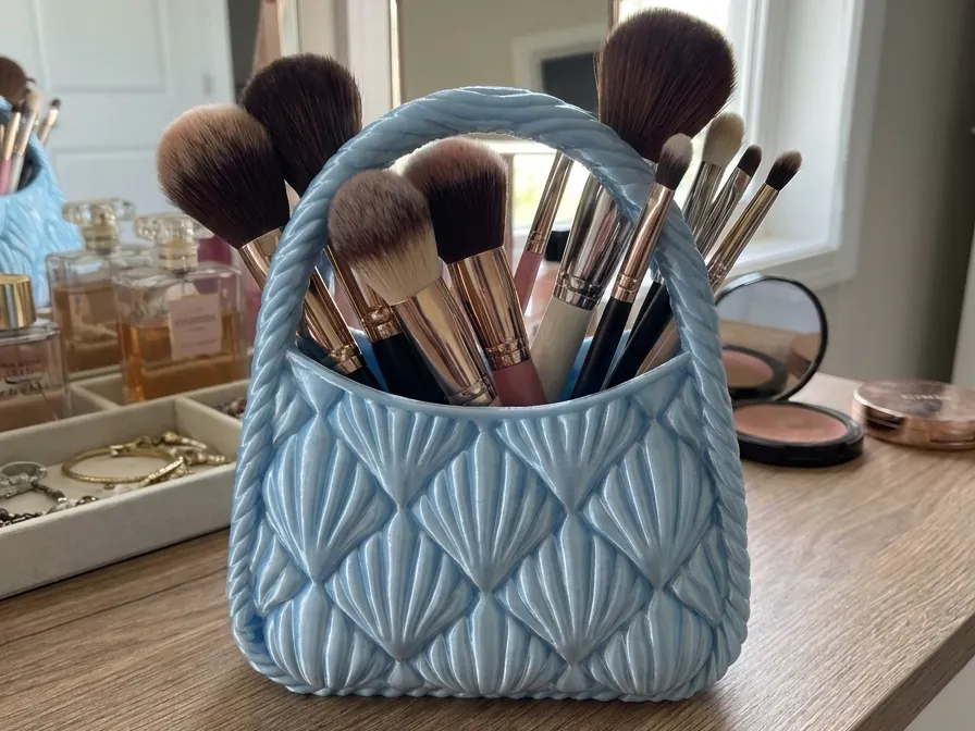 Scalloped Shell Storage Caddy with Handle — example colour. Includes: One finished item supplied; display accessories are excluded. Approximate dimensions (Width × Depth × Height): 1 supplied: 139.7 × 82.7 × 158.1 mm.