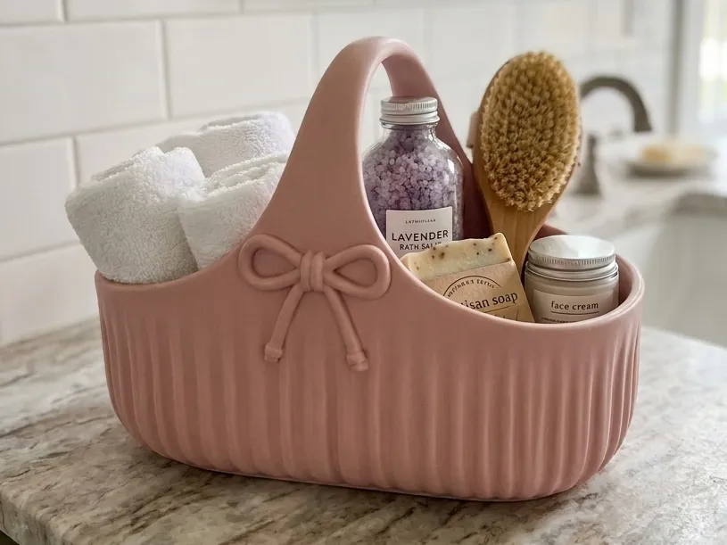 Ribbed Ribbon Handle Vanity Basket — example colour. Includes: One finished item supplied; display accessories are excluded. Approximate dimensions (Width × Depth × Height): 1 supplied: 203.2 × 129.5 × 152.5 mm.