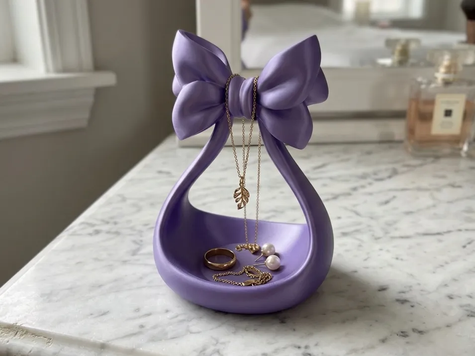 Ribbon Bow Jewellery Stand & Tray — example colour. Includes: One finished item supplied; display accessories are excluded. Approximate dimensions (Width × Depth × Height): 1 supplied: 127.4 × 116 × 176.9 mm.
