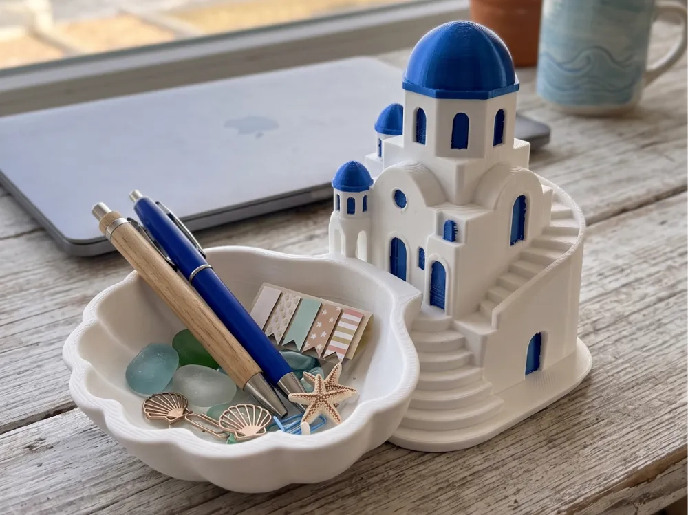 Santorini Church Desk Organiser & Tray — example colour. Includes: One finished item supplied; display accessories are excluded. Approximate dimensions (Width × Depth × Height): 1 supplied: 177.8 × 115.9 × 115.2 mm.