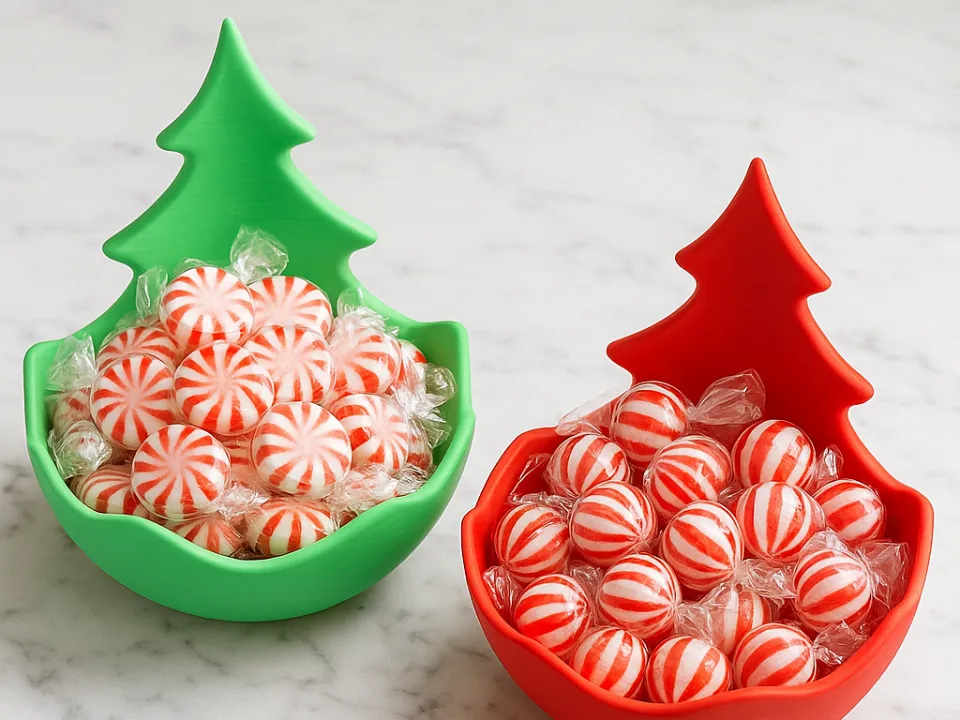 Christmas Tree Wrapped-Treat Display Bowl — example colour. Includes: One finished item supplied; display accessories are excluded. Approximate dimensions (Width × Depth × Height): 1 supplied: 143.3 × 140 × 127 mm.
