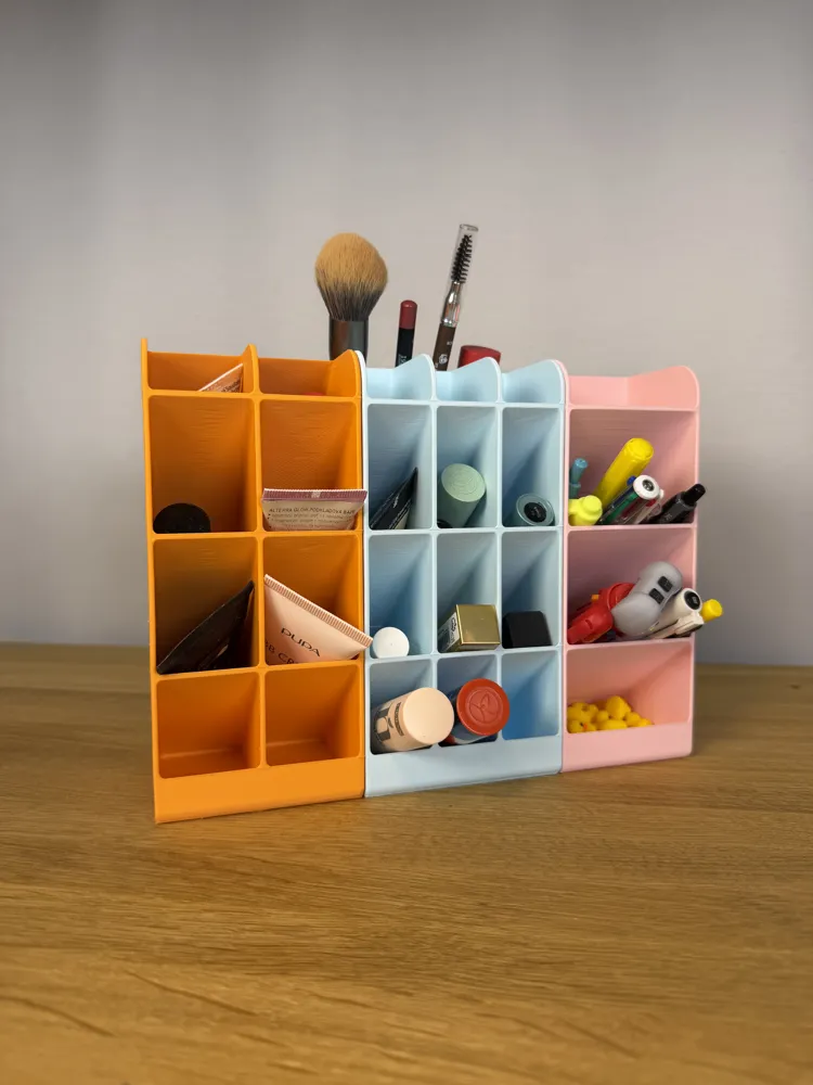 Cosmetic & Desk Organiser Set — example colour. Includes: one cosmetic & desk organiser set. Approximate dimensions (W × D × H): • Narrow organiser: 65 × 110 × 175 mm. • Wide organiser: 86 × 110 × 175 mm. • Medium organiser: 78 × 110 × 175 mm.