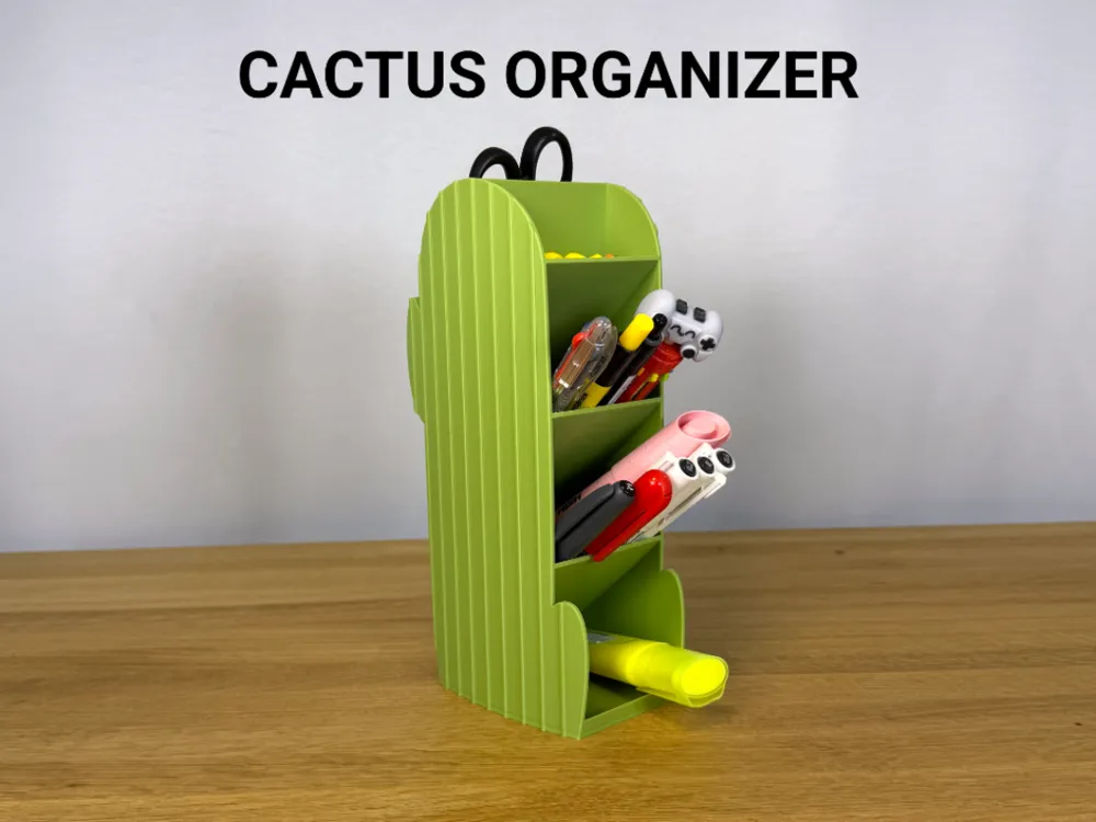 Cactus Desk & Makeup Organiser — example colour. Includes: One complete printed item in the selected configuration. Approximate dimensions (Width × Depth × Height): 1 supplied: 76 × 112 × 218 mm.