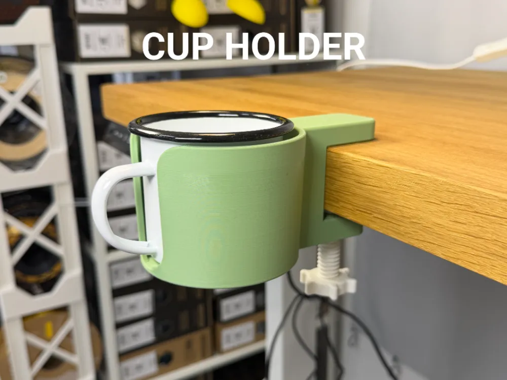 Clamp-On Cup Holder — example colour. Includes: one clamp-on cup holder. Approximate dimensions (Width × Depth × Height): 1 supplied: 99.9 × 157.5 × 77 mm; 1 supplied: 42 × 37 × 66.9 mm; 1 supplied: 37.2 × 37.2 × 7.2 mm.