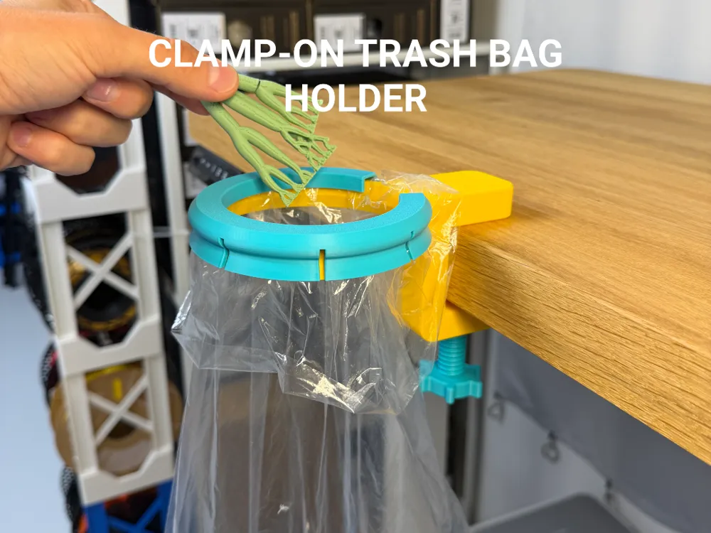 Clamp-On Trash Bag Holder — example colour. Includes: one clamp-on trash bag holder.