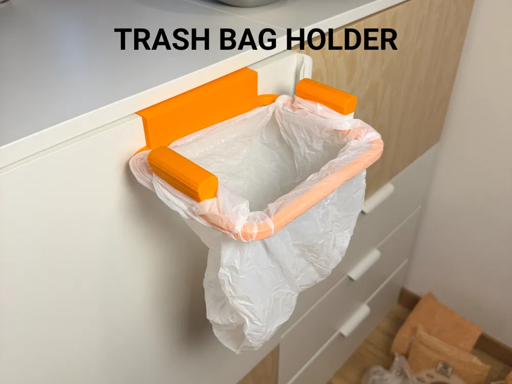 Trash Bag Holder — example colour. Includes: 1 holder frame and 2 printed clamping screws. Approximate dimensions (Width × Depth × Height): 1 supplied: 234.2 × 205 × 45.2 mm; 2 supplied: 13.8 × 13.8 × 19.3 mm.