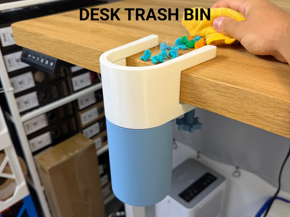 Desk Trash Bin — example colour. Includes: One complete printed item in the selected configuration. Approximate dimensions (Width × Depth × Height): 1 supplied: 96.1 × 96.1 × 146.8 mm; 1 supplied: 115.7 × 143.7 × 79 mm; 2 supplied: 42 × 37 × 66.9 mm; 2 supplied: 37.2 × 37.2 × 7.2 mm.