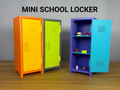 Mini School Locker — example colour. Includes: one mini school locker. Approximate dimensions (W × D × H): • Locker body: 96 × 101 × 240 mm. • Locker door: 81.5 × 13 × 208.7 mm. • Internal shelves (each): 87 × 86 × 3 mm.