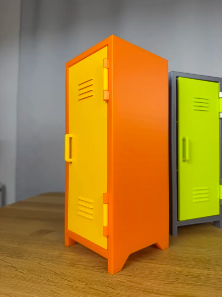 Mini School Locker — example colour. Includes: one mini school locker. Approximate dimensions (W × D × H): • Locker body: 96 × 101 × 240 mm. • Locker door: 81.5 × 13 × 208.7 mm. • Internal shelves (each): 87 × 86 × 3 mm.