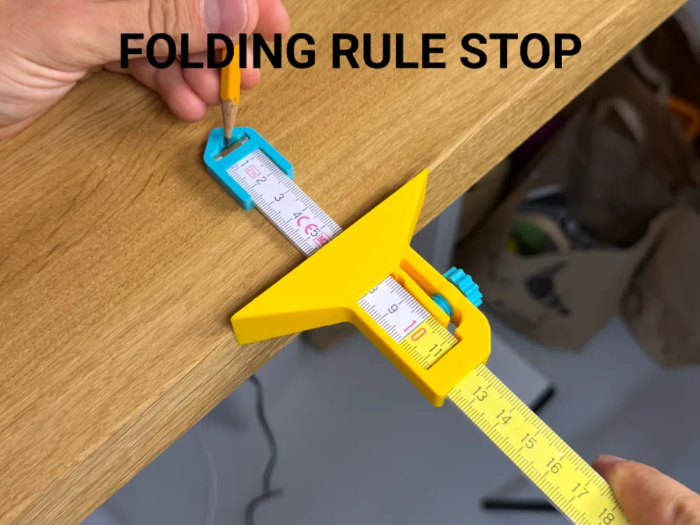 Folding Rule Stop Adapter — example colour. Includes: one folding rule stop adapter. Approximate dimensions (Width × Depth × Height): 1 supplied: 90 × 63 × 24 mm; 1 supplied: 33.8 × 22.9 × 6.9 mm; 1 supplied: 16.1 × 16.1 × 14.7 mm.