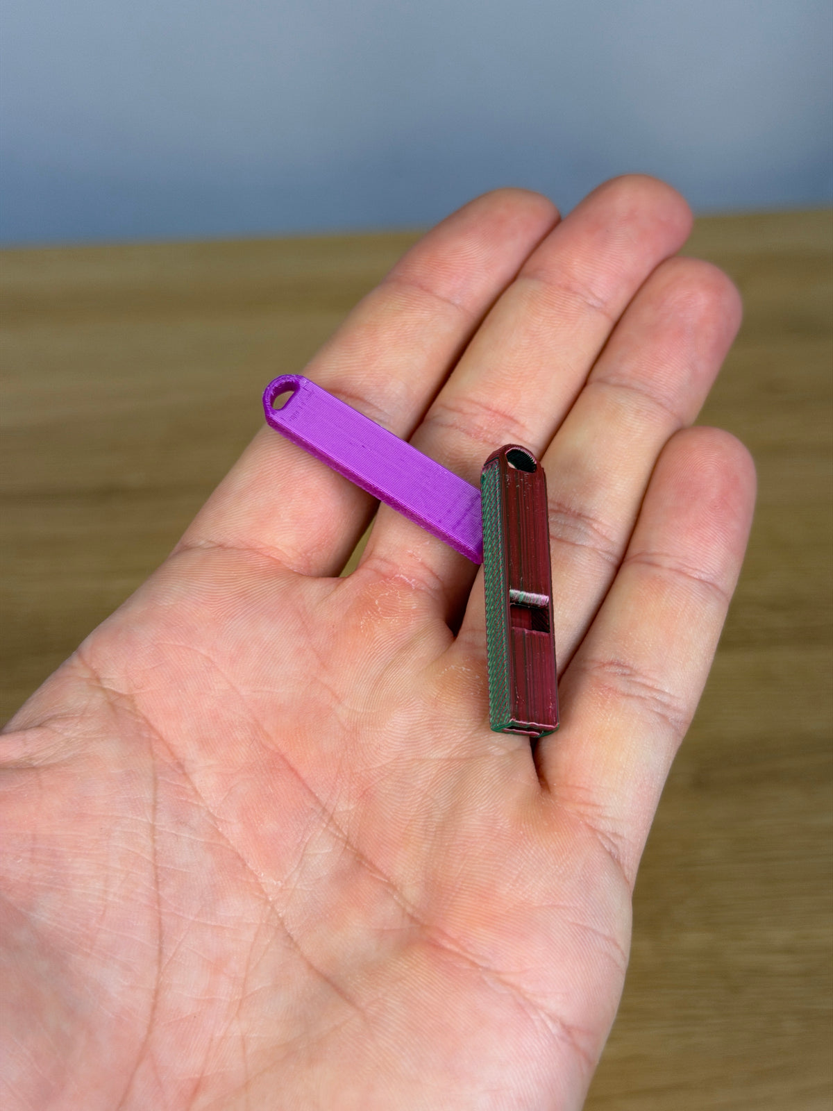 Mini Compact Whistle - Pack of 10 — example photo. Pack contains ten printed whistles; pictured accessories are not included.
