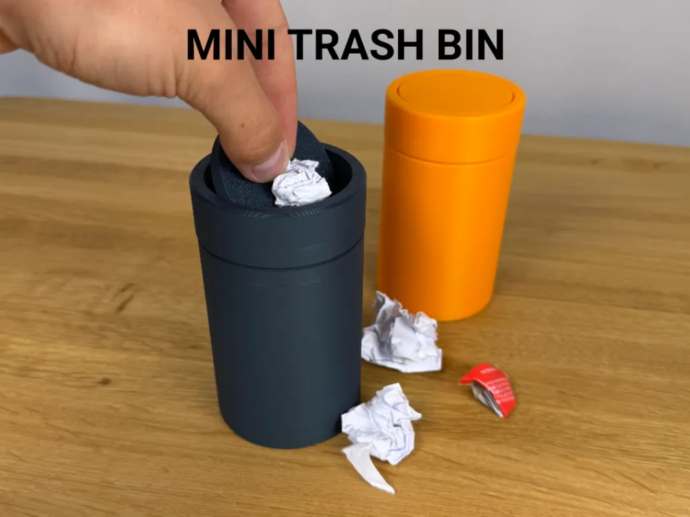 Mini Trash Bin — example colour. Includes: One complete printed item in the selected configuration. Approximate dimensions (Width × Depth × Height): 1 supplied: 72.8 × 72.8 × 111.2 mm; 1 supplied: 73.6 × 73.6 × 24.9 mm.