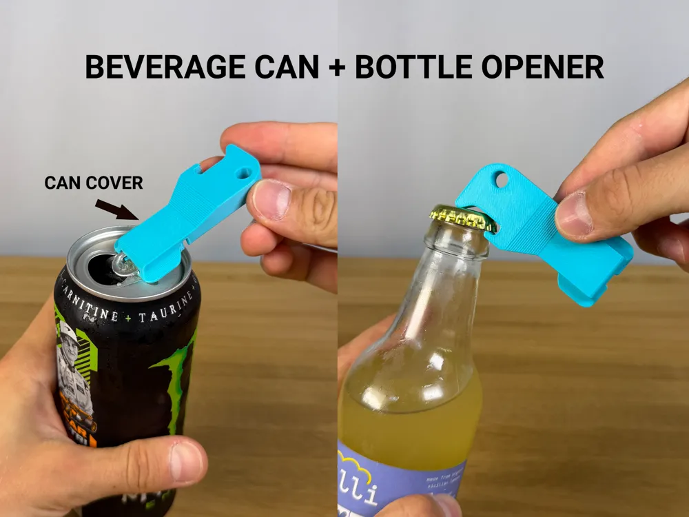 Beverage Can + Bottle Opener — example colour. Includes: one beverage can + bottle opener. Approximate dimensions (W × D × H): • Beverage Can + Bottle Opener: 72.1 × 35.6 × 9 mm.