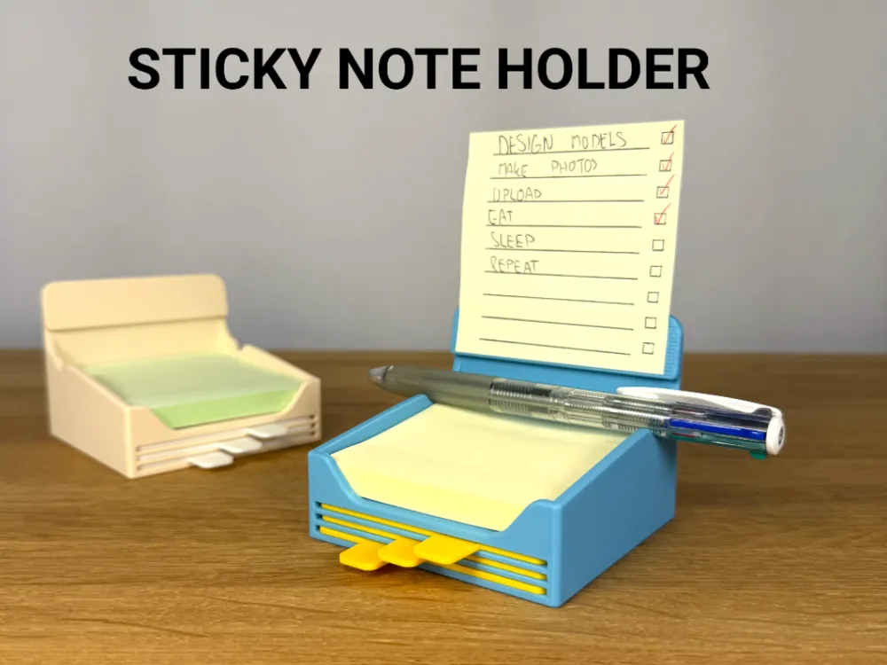 Sticky Note / Post-it Holder with Stencils — example colour. Includes: One complete printed item in the selected configuration. Approximate dimensions (Width × Depth × Height): 1 supplied: 83.4 × 83.3 × 65.5 mm; 3 supplied: 76 × 90 × 1.6 mm.