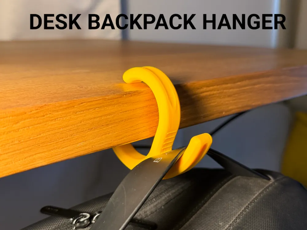Desk Backpack Hanger — example colour. Includes: One complete printed item in the selected configuration. Approximate dimensions (Width × Depth × Height): 1 supplied: 15 × 86.3 × 76 mm.