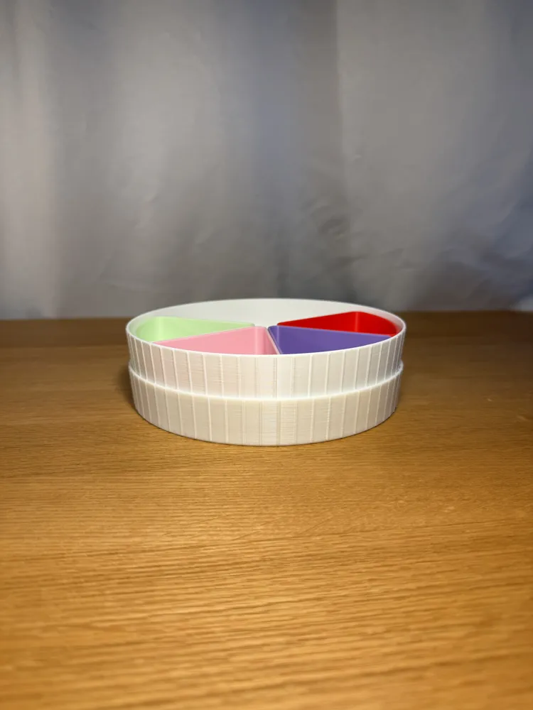 Stackable Modular Sorting Bowls — example colour. Includes: One complete printed item in the selected configuration. Approximate dimensions (Width × Depth × Height): 6 supplied: 69.1 × 77.8 × 21.6 mm; 1 supplied: 175.8 × 175.8 × 26.6 mm.