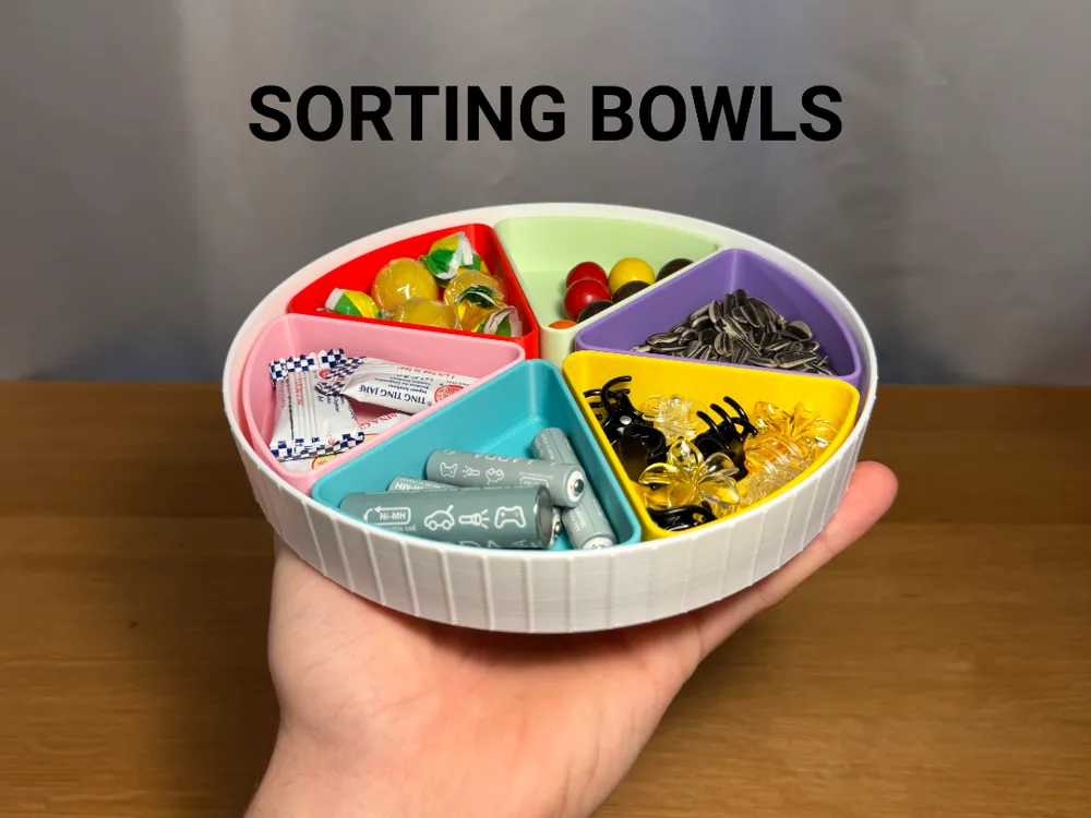 Stackable Modular Sorting Bowls — example colour. Includes: One complete printed item in the selected configuration. Approximate dimensions (Width × Depth × Height): 6 supplied: 69.1 × 77.8 × 21.6 mm; 1 supplied: 175.8 × 175.8 × 26.6 mm.