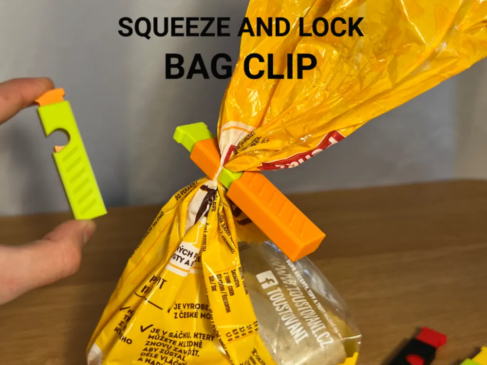 Squeeze-to-Lock Bag Clip - Pack of 5 — example colour. Includes: 5 printed pieces of the selected design. Approximate dimensions (Width × Depth × Height): 5 supplied: 89.2 × 16.8 × 6.4 mm; 5 supplied: 65 × 16.8 × 11.4 mm.
