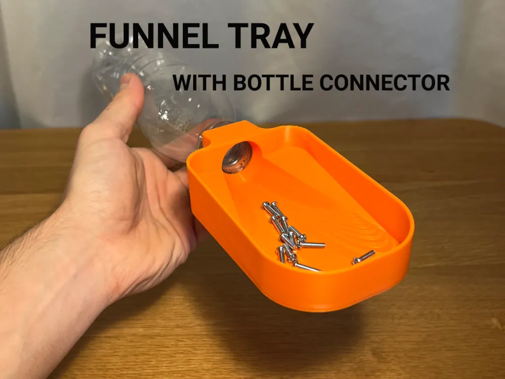 Funnel Tray with Bottle Connector — example colour. Includes: one funnel tray with bottle connector. Approximate dimensions (W × D × H): • Funnel Tray with Bottle Connector: 140 × 80 × 32 mm.