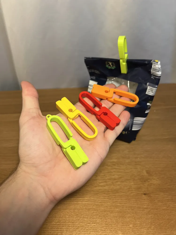 Bag Clip V2 - Pack of 5 — example colour. Includes: 5 printed pieces of the selected design. Approximate dimensions (Width × Depth × Height): 5 supplied: 72.2 × 34.5 × 9 mm.