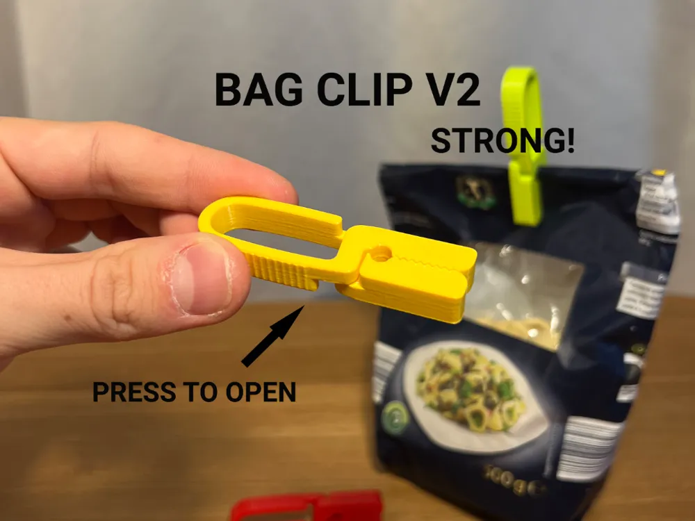 Bag Clip V2 - Pack of 5 — example colour. Includes: 5 printed pieces of the selected design. Approximate dimensions (Width × Depth × Height): 5 supplied: 72.2 × 34.5 × 9 mm.